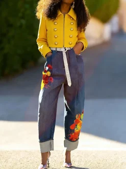 Denim Casual Printing Jeans With No Belt
