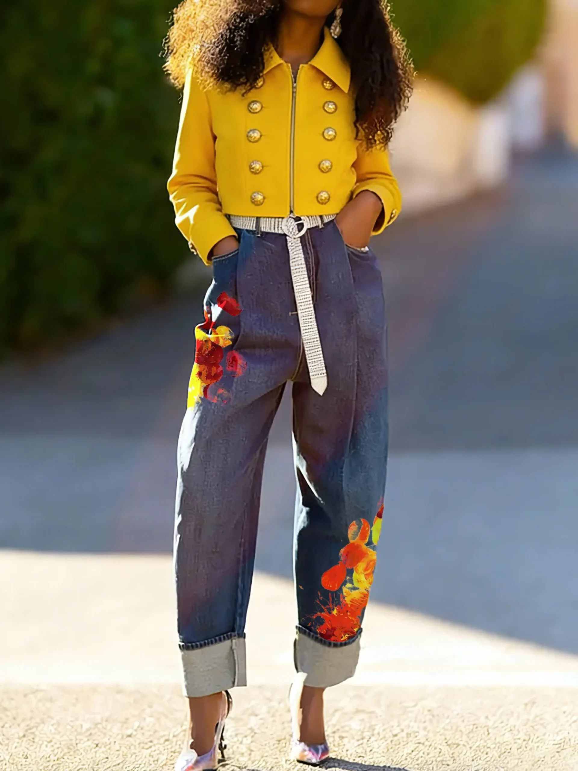 Denim Casual Printing Jeans With No Belt