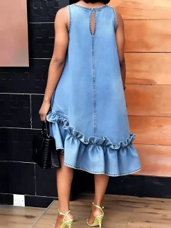Denim Urban Plain Peplum Crew Neck Midi Dress