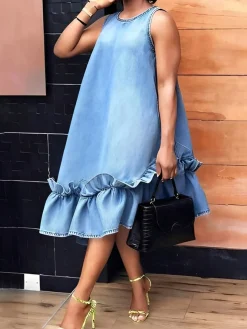 Denim Urban Plain Peplum Crew Neck Midi Dress
