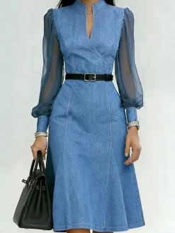 Denim Urban Plain Split Joint Cross Neck Midi Dress With Belt