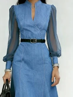 Denim Urban Plain Split Joint Cross Neck Midi Dress With Belt