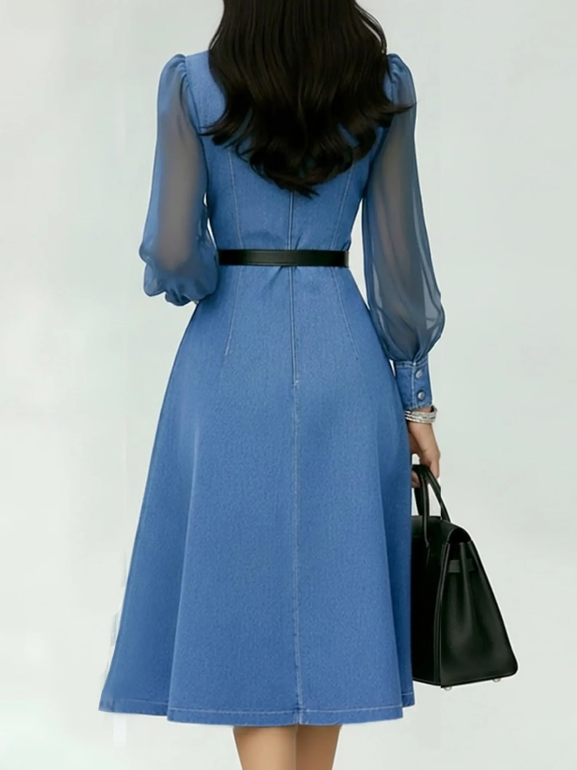 Denim Urban Plain Split Joint Cross Neck Midi Dress With Belt