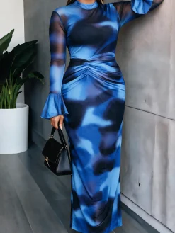Elegant Abstract Printing Mock Neck Maxi Dress With No Belt
