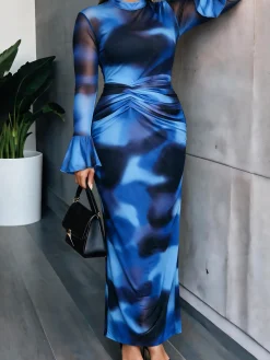 Elegant Abstract Printing Mock Neck Maxi Dress With No Belt