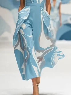 Elegant Abstract Printing Stand Collar Midi Dress