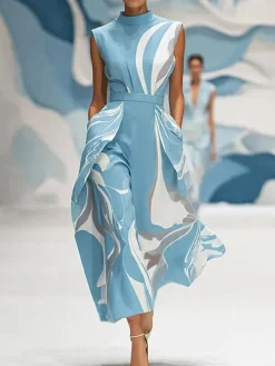 Elegant Abstract Printing Stand Collar Midi Dress