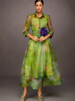 Elegant Abstract Print Maxi Dress With Floral Belt