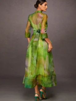 Elegant Abstract Print Maxi Dress With Floral Belt