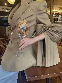 Elegant Bell Sleeve Bow Plain Lapel Collar Blazer