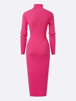 Elegant Belted Turtleneck Knit Midi Dress