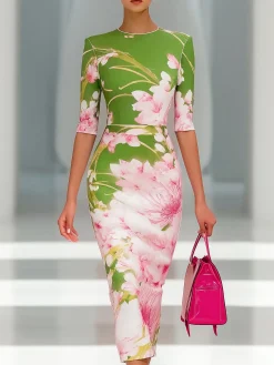 Elegant Bodycon Crew Neck Half Sleeve Midi Dress