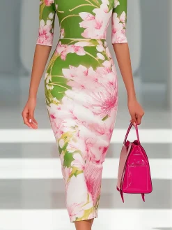Elegant Bodycon Crew Neck Half Sleeve Midi Dress