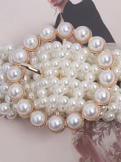 Elegant Braided Imitation Pearl Wide Belt Dress Decorative Waist Belt