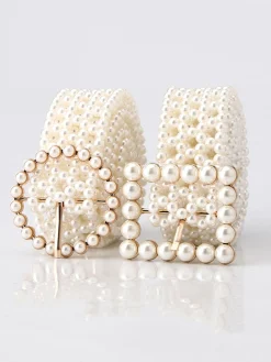 Elegant Braided Imitation Pearl Wide Belt Dress Decorative Waist Belt