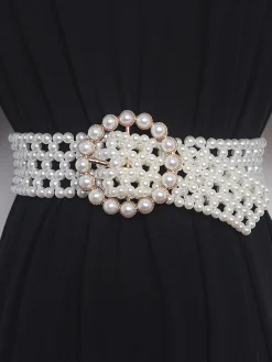 Elegant Braided Imitation Pearl Wide Belt Dress Decorative Waist Belt