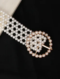 Elegant Braided Imitation Pearl Wide Belt Dress Decorative Waist Belt