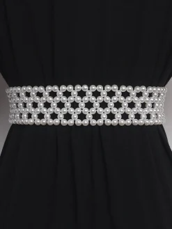 Elegant Braided Imitation Pearl Wide Belt Dress Decorative Waist Belt