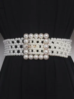 Elegant Braided Imitation Pearl Wide Belt Dress Decorative Waist Belt
