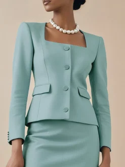 Elegant Buttoned Plain Square Neck Blazer