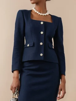 Elegant Buttoned Plain Square Neck Blazer