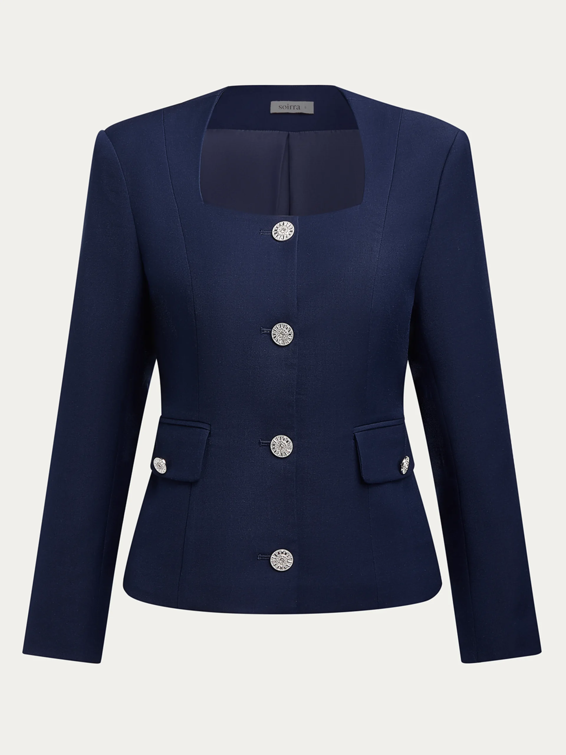 Elegant Buttoned Plain Square Neck Blazer