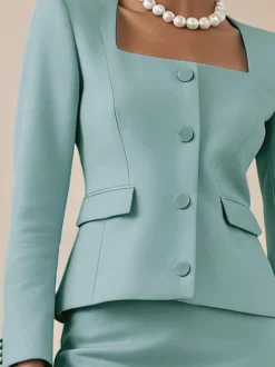Elegant Buttoned Plain Square Neck Blazer