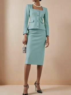 Elegant Buttoned Plain Square Neck Blazer