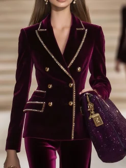 Elegant Buttoned Velvet Lapel Collar Blazer