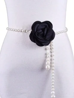 Elegant Camellia Flower Waist Chain Faux Pearls Necklace