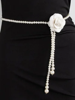 Elegant Camellia Flower Waist Chain Faux Pearls Necklace