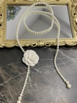 Elegant Camellia Flower Waist Chain Faux Pearls Necklace