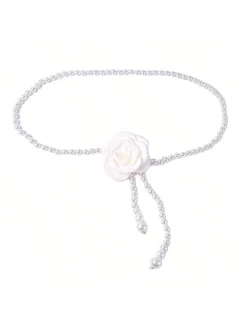 Elegant Camellia Flower Waist Chain Faux Pearls Necklace