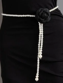 Elegant Camellia Flower Waist Chain Faux Pearls Necklace