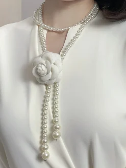 Elegant Camellia Flower Waist Chain Faux Pearls Necklace