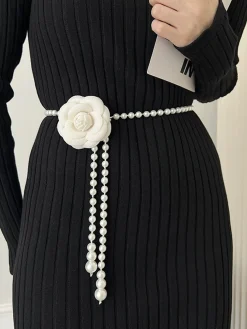 Elegant Camellia Flower Waist Chain Faux Pearls Necklace