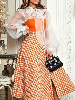 Elegant Color Block Bow Tie Neck Blouse Includes Orange Strapless Top