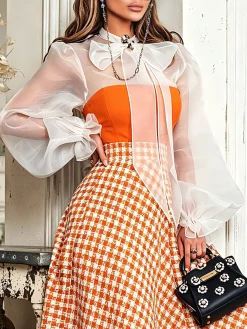 Elegant Color Block Bow Tie Neck Blouse Includes Orange Strapless Top