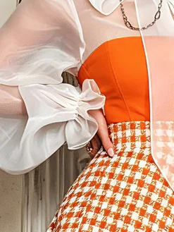 Elegant Color Block Bow Tie Neck Blouse Includes Orange Strapless Top