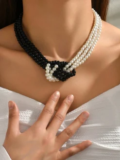 Elegant Color-block Faux Pearl Bead Multi-layer Necklace