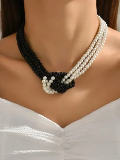 Elegant Color-block Faux Pearl Bead Multi-layer Necklace