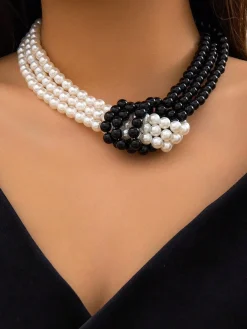 Elegant Color-block Faux Pearl Bead Multi-layer Necklace