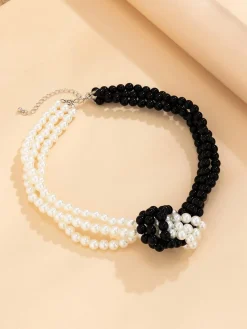 Elegant Color-block Faux Pearl Bead Multi-layer Necklace