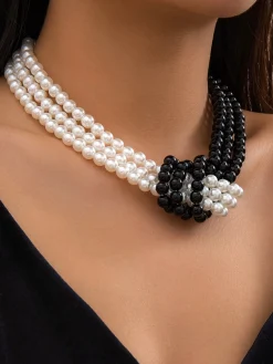 Elegant Color-block Faux Pearl Bead Multi-layer Necklace