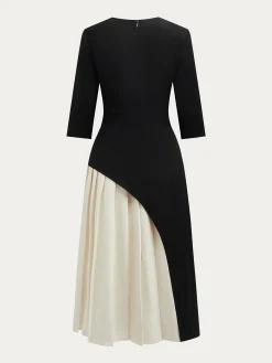 Elegant Color Block Pleated Split Joint Crew Neck Midi Dress