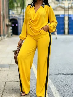 Elegant Color Block Split Joint Wide Leg Pants