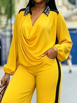 Elegant Color Block Split Joint Cowl Neck Blouse