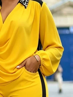 Elegant Color Block Split Joint Cowl Neck Blouse