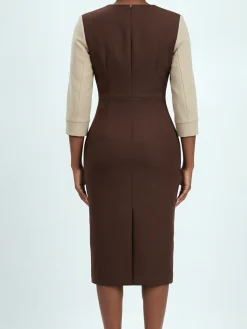 Elegant Color Block Split Joint Crew Neck Midi Dress