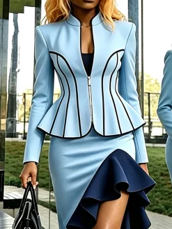 Elegant Color Block Stand Collar Jacket
